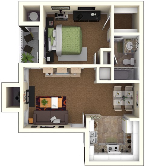 Floor plan for 1 bed, 1 bath, 677 sqft